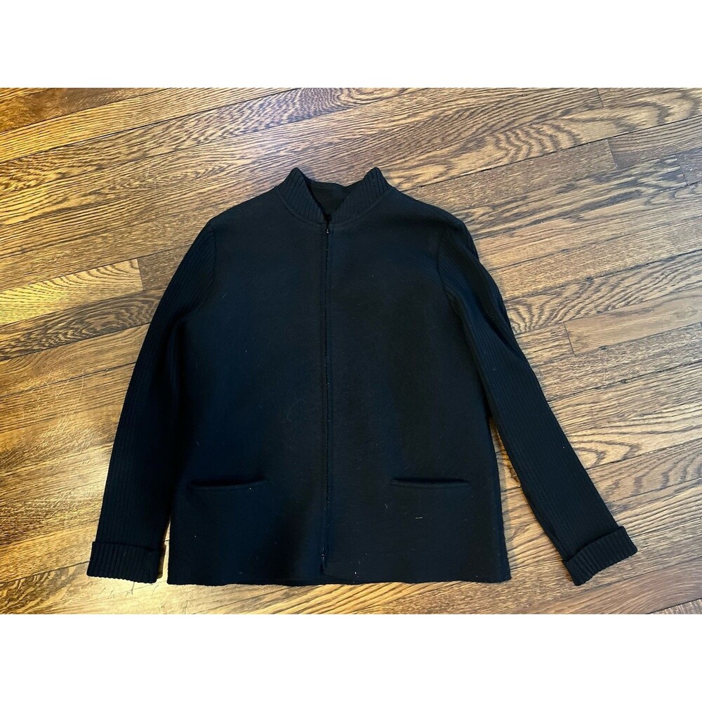 Eileen Fisher 100% Boiled Wool Bomber Jacket Charcoal Black Ribbed Sleeves M